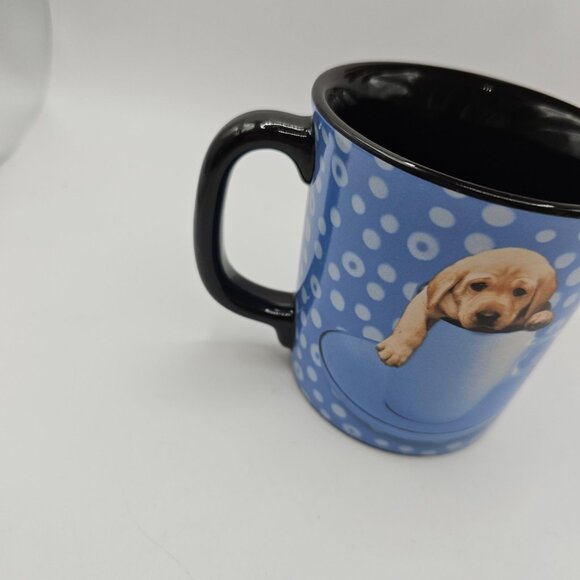 Keith Kimberlin Retro Blue Polka Dot Yellow Labrador Puppy Dog Coffee Tea Mug - Picture 3 of 11